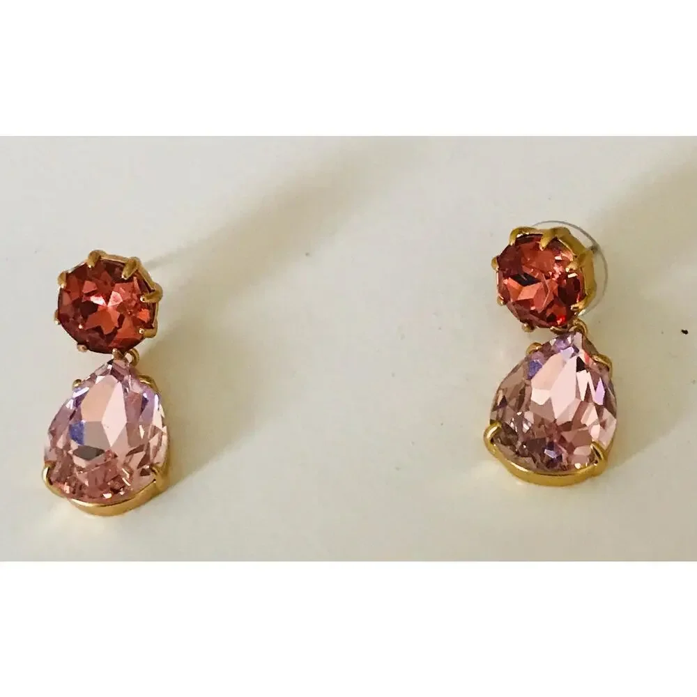 J. Crew Drop Earrings: Pink Faux Stones Set in Gold Tone, Signed